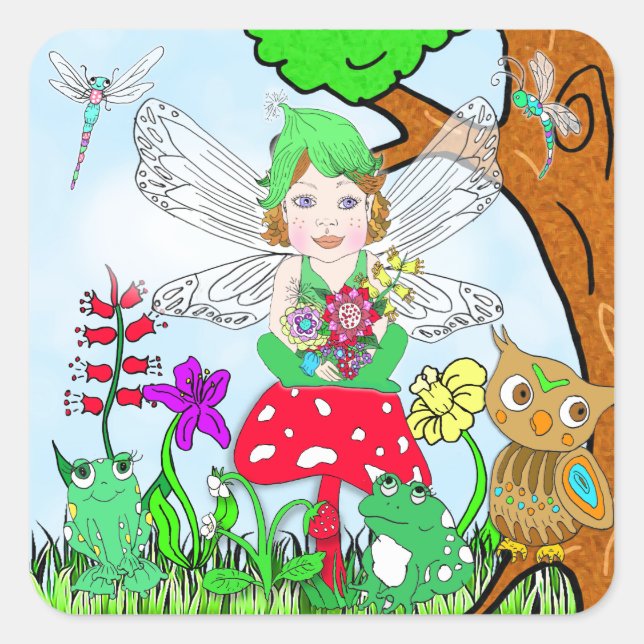 Fairy Elf Girl sitzt auf magischem Pilz Quadratischer Aufkleber (Vorderseite)