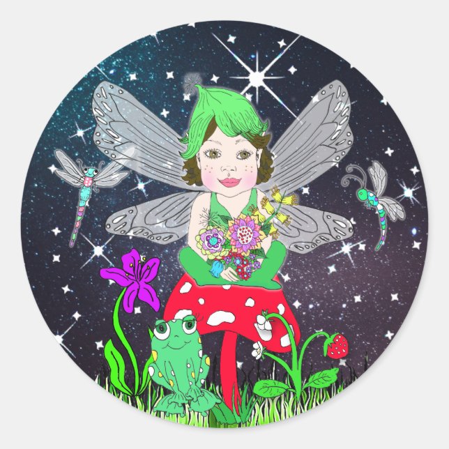 Fairy Elf Girl sitzt auf magischem Pilz Runder Aufkleber (Vorderseite)