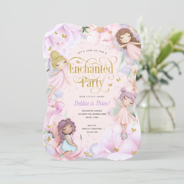 Fairy Enchanted Party, Garden Blume Mädchen Geburt Einladung (Stehend Vorderseite)