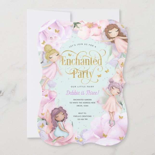 Fairy Enchanted Party, Garden Blume Mädchen Geburt Einladung (Vorderseite)