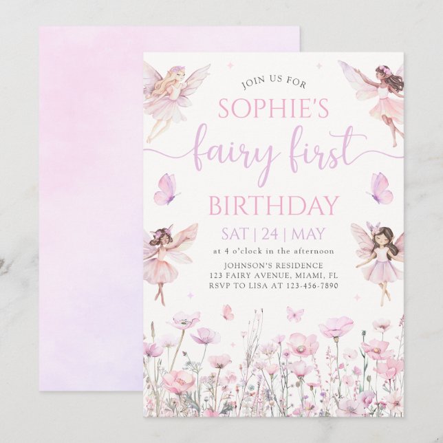 Fairy First 1st Birthday Party Invitation Einladung (Vorne/Hinten)