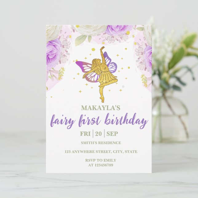 Fairy First Birthday Blume Aquarellfarben-Pilz Einladung (Stehend Vorderseite)