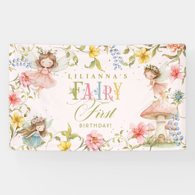 Fairy First Birthday Colorful Enchanted Garden Banner (Horizontal)