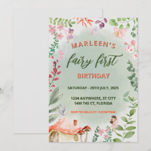 Fairy First Birthday Forest Watercolor Mushroom Einladung