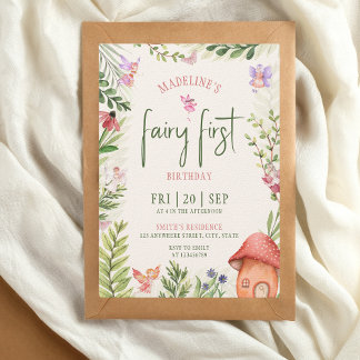 Fairy First Birthday Forest Watercolor Mushroom Einladung