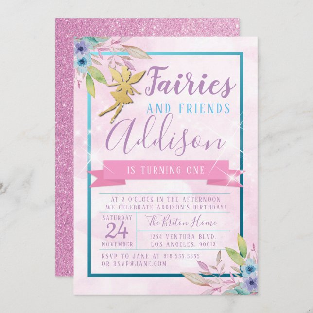 Fairy First Birthday Invitation (Devant / Derrière)