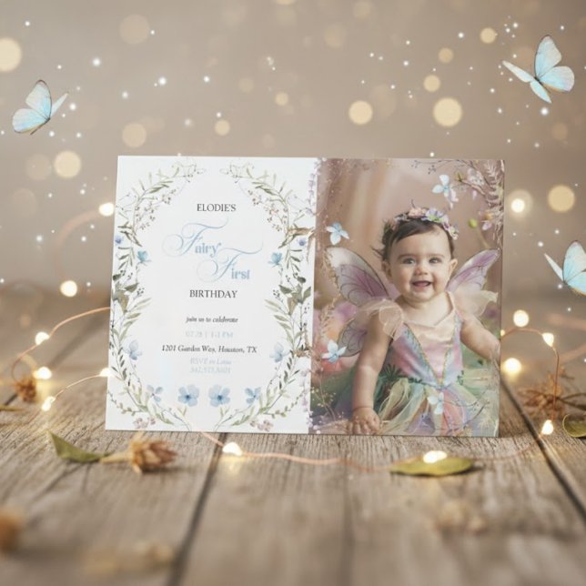 Fairy First Birthday Invitation | Floral Photo  Einladung (Von Creator hochgeladen)