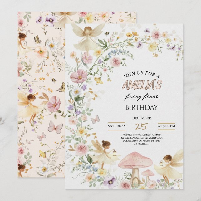 Fairy First Birthday Invitation Wildflower 1st Einladung (Vorne/Hinten)