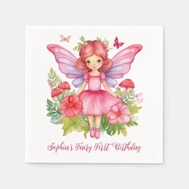 Fairy First Birthday Niedlich Girl Pink Wasserfarb Serviette (Vorderseite)
