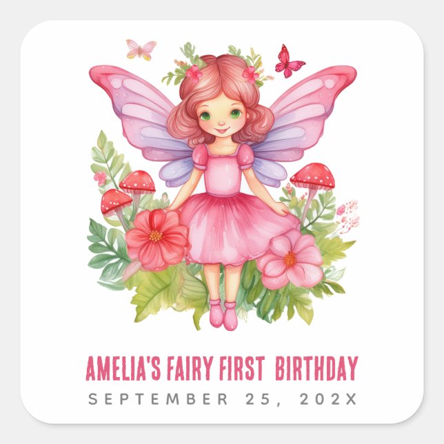 Fairy First Birthday Pink Hübsch Girl Quadratischer Aufkleber (Vorderseite)