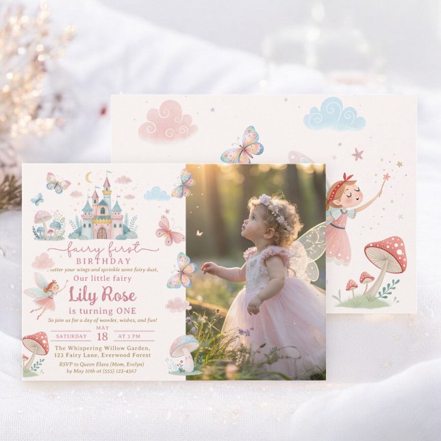 Fairy First Birthday Pink Whimsical Castle Foto Einladung (Fairy First Birthday Pink Whimsical Castle Photo Invitation)