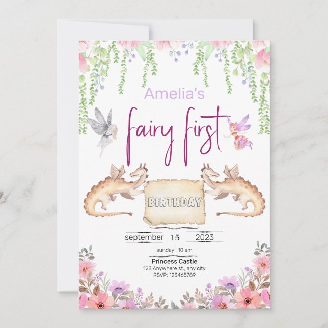 Fairy First Birthday Princess Floral Watercolor Einladung (Vorderseite)