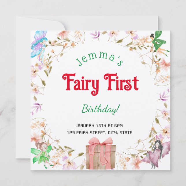 Fairy First Birthday Watercolor GiftBox Einladung (Vorderseite)