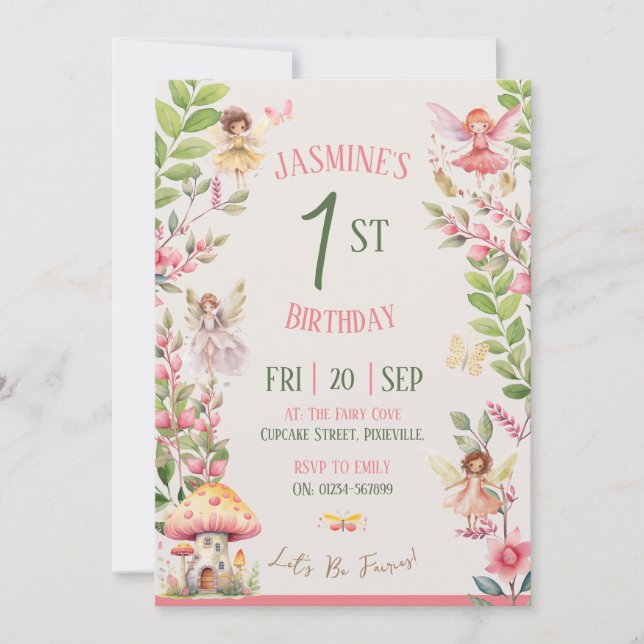 Fairy First Birthday Watercolor Invitation (Devant)
