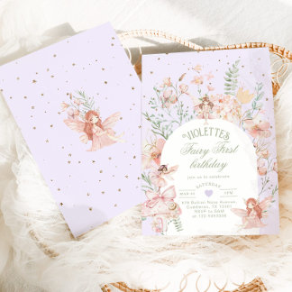 Fairy First Birthday Whimsical Garden Purple Einladung