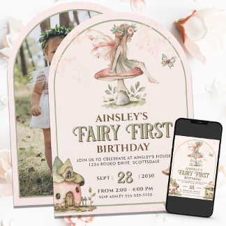 Fairy First Custom Foto Pink Sage 1. Geburtstag Einladung