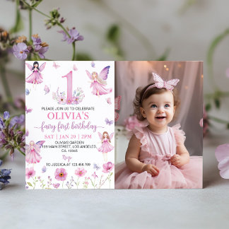 Fairy First Floral Garden Butterfly Birthday Photo Einladung