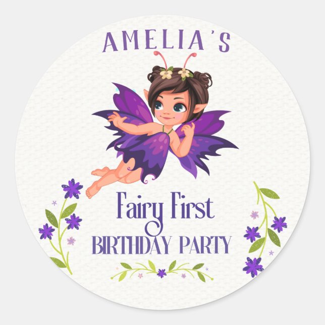 Fairy First Girl's 1st Birthday Enchanted forest Runder Aufkleber (Vorderseite)