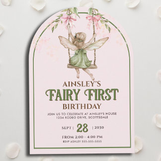 Fairy First Pastel Pink Bow Girls 1. Geburtstag Einladung