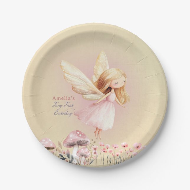 Fairy First Theme Cute Girl's 1st Birthday Party Pappteller (Vorderseite)