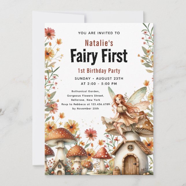 Fairy First Theme Girl's 1. Geburtstag Party Einladung (Vorderseite)