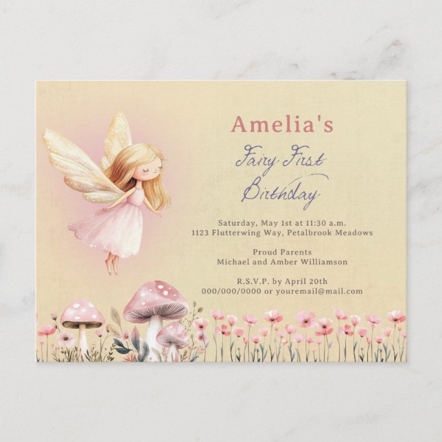 Fairy First Theme Girl's 1st Birthday Party Custom Postkarte (Vorderseite)