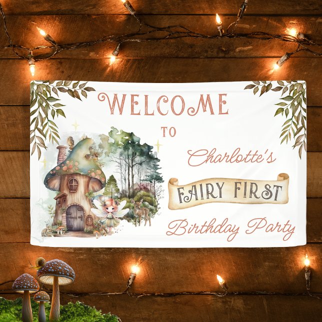 Fairy First Woodland Animals Pilz 1. Geburtstag Banner (Fairy First Woodland Animals Mushrooms Girl's 1st Birthday Party Banner)