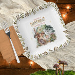 Fairy First Woodland Animals Pilz 1. Geburtstag Pappteller<br><div class="desc">Eine süße,  kleine Waldfee steht außerhalb ihres Pilzhauses zwischen den Pilzen,  dem Wald und den Waldtieren,  während Grünbäume auf beiden Seiten in diesem "Fairy First" Girl's 1. Geburtstags Party Composite Design von Holiday Hearts Designs anmutig abziehen.</div>