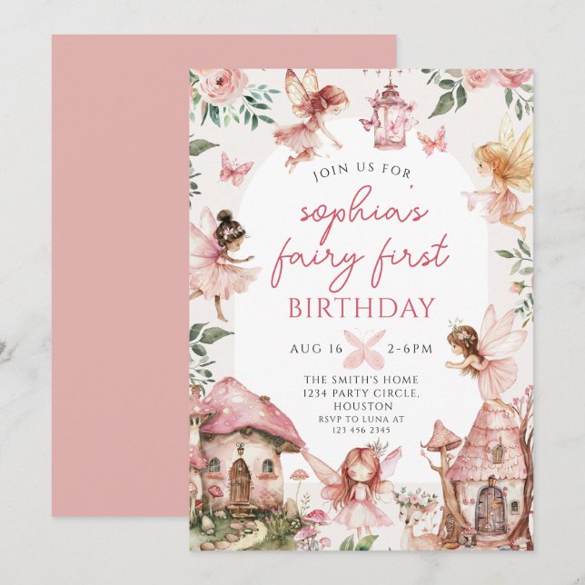 Fairy Floral Girls 1. Geburtstag Party Einladung (Vorne/Hinten)