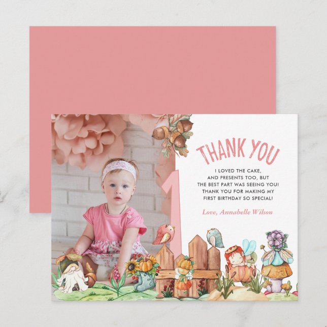 Fairy Forest First Birthday Foto Vielen Dank Postkarte (Vorne/Hinten)