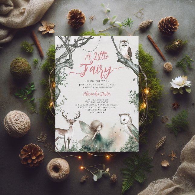 Fairy Forest Woodland Modern Chic Baby Girl Dusche Einladung (little fairy baby shower invitation enchanted forest woodland animals magical faerie elegant)