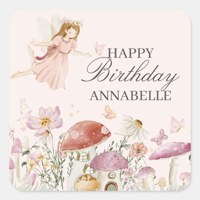 Fairy Garden Birthday Balloon Party Decke Gefallen Quadratischer Aufkleber (Vorderseite)