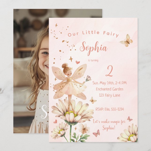 Fairy Garden Girl Foto Geburtstag Einladungskarte (Vorne/Hinten)