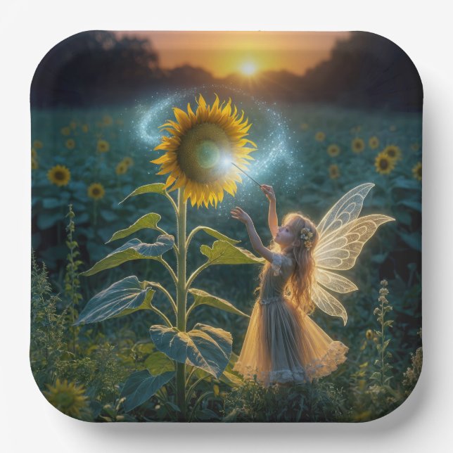 Fairy Girl Gießen eines Zaubers auf einer Sonnenbl Pappteller (Vorderseite)