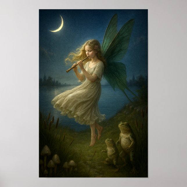 Fairy Girl Playing A Flute To Frogs In Moonlight Poster (Vorne)