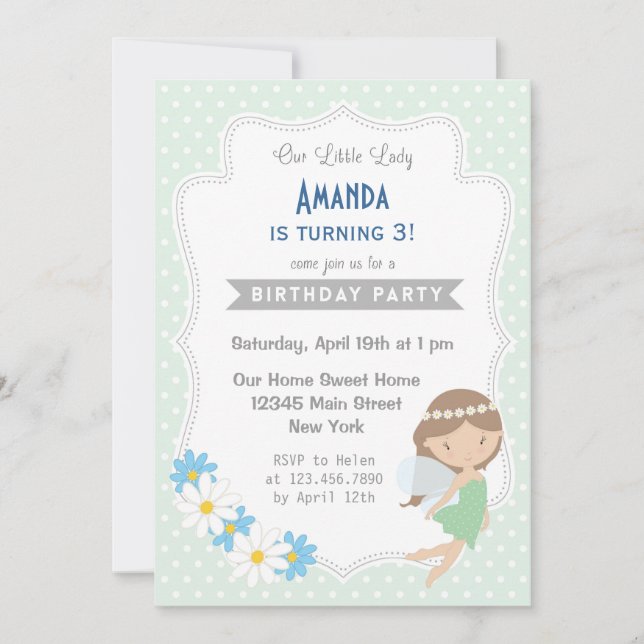 Fairy Girls Birthday Invitation Mint Green (Devant)
