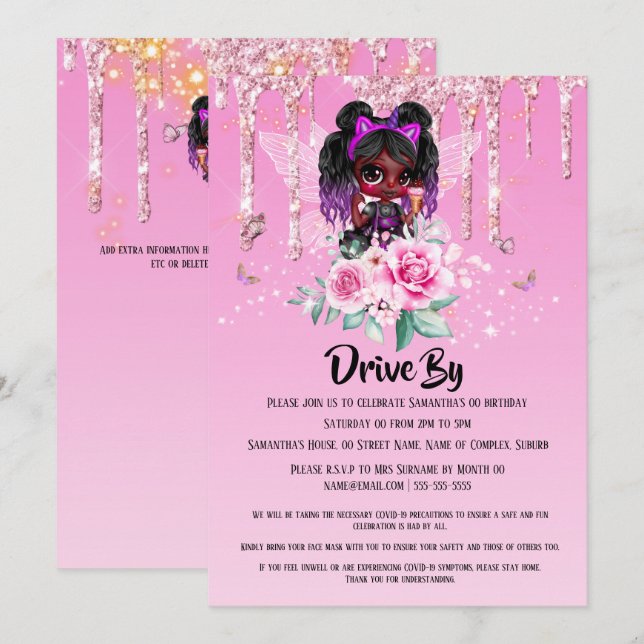 Fairy Glitzer Afroamerikanisches Mädchen pink Gebu Einladung (Vorne/Hinten)