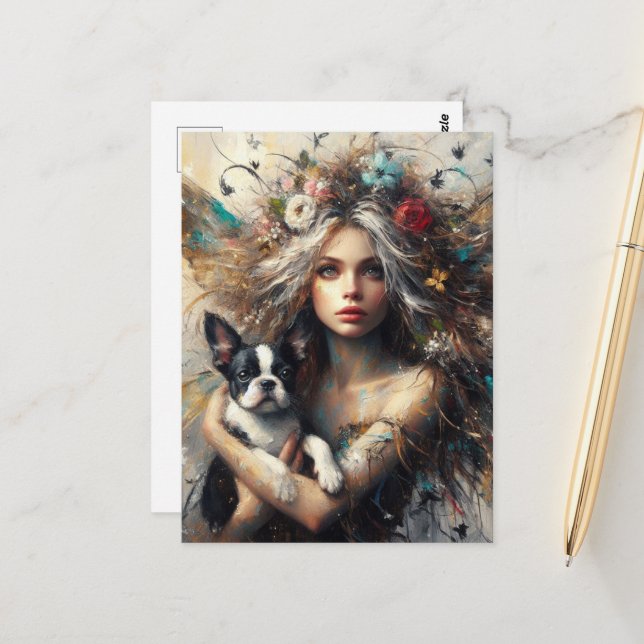 Fairy Holding a Niedlich Boston Terrier Puppy Postkarte (Vorderseite/Rückseite Beispiel)
