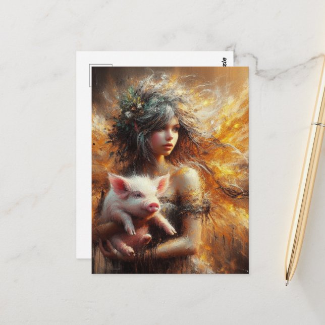Fairy Holding a Young Pig Postkarte (Vorderseite/Rückseite Beispiel)