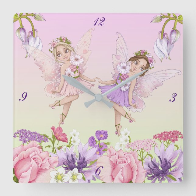 Fairy Illustrations Kinderzimmer Clock Quadratische Wanduhr (Vorderseite)