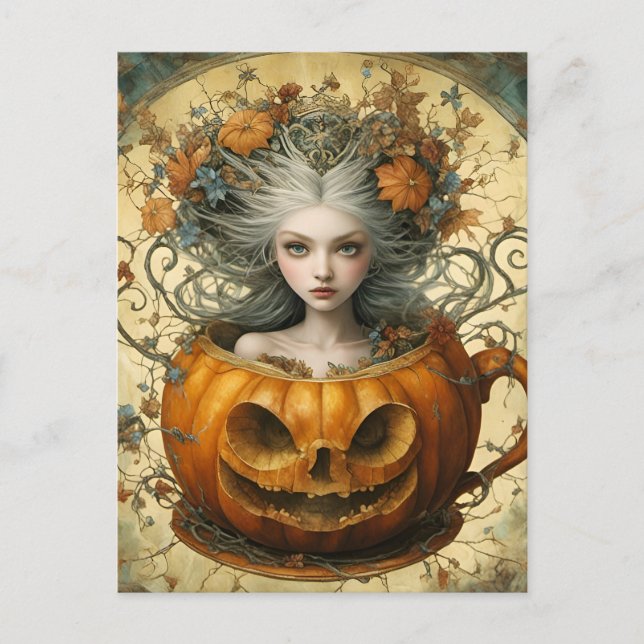 Fairy in einer Kürbislaterne Tasse Postkarte (Vorderseite)