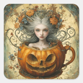 Fairy in einer Kürbislaterne Tasse Quadratischer Aufkleber