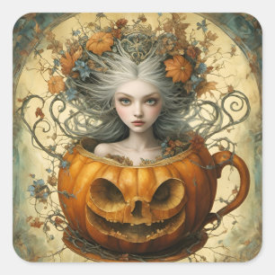 Fairy in einer Kürbislaterne Tasse Quadratischer Aufkleber