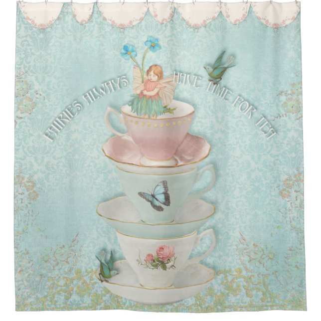 Fairy in gestackten Teakups mit Vögeln Little Girl Duschvorhang (Vorderseite)
