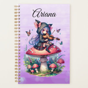 Fairy in Hoodie Viola spielen auf einem Pilz Planer