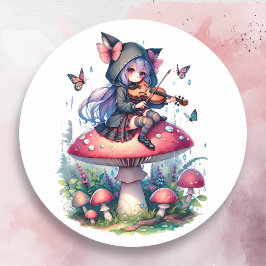 Fairy in Hoodie Viola spielen auf einem Pilz Runder Aufkleber