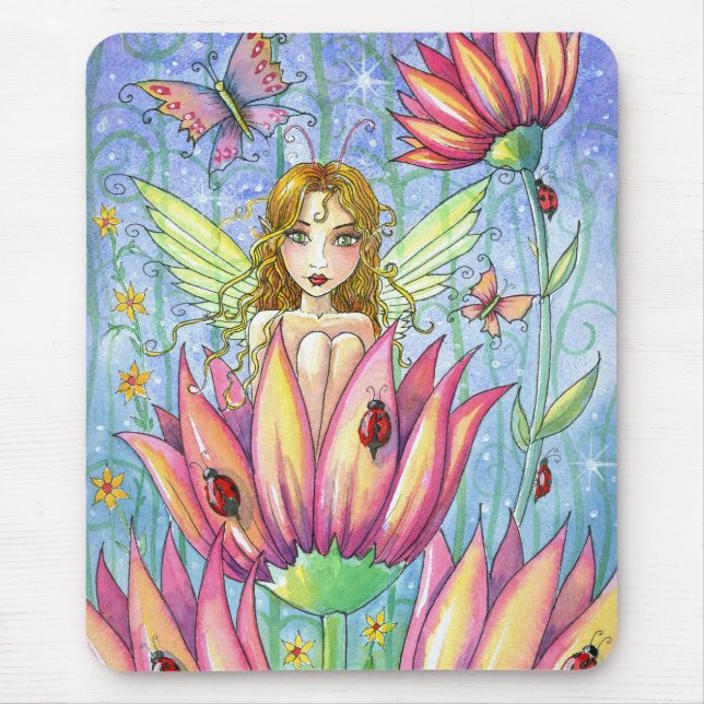 Fairy in rosa Blume Mousepad von Molly Harrison (Vorne)