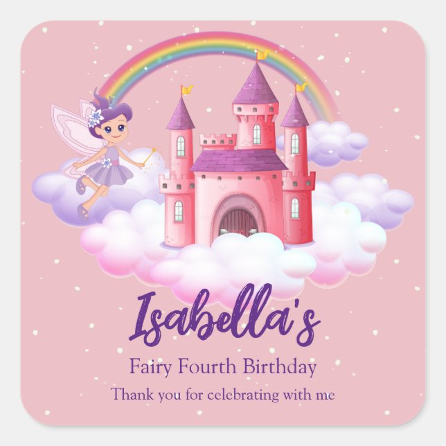 Fairy Kid's Birthday Fairytale Castle Rainbow  Quadratischer Aufkleber (Vorderseite)