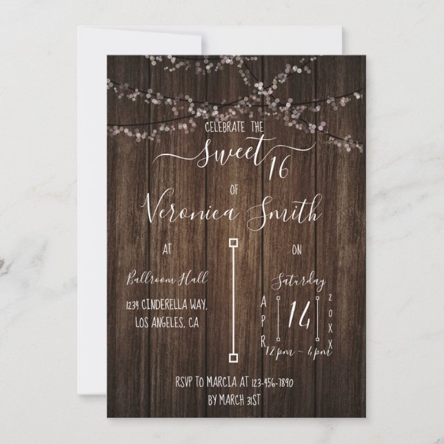 Fairy Lights and Wood Sweet 16 Invitation (Devant)