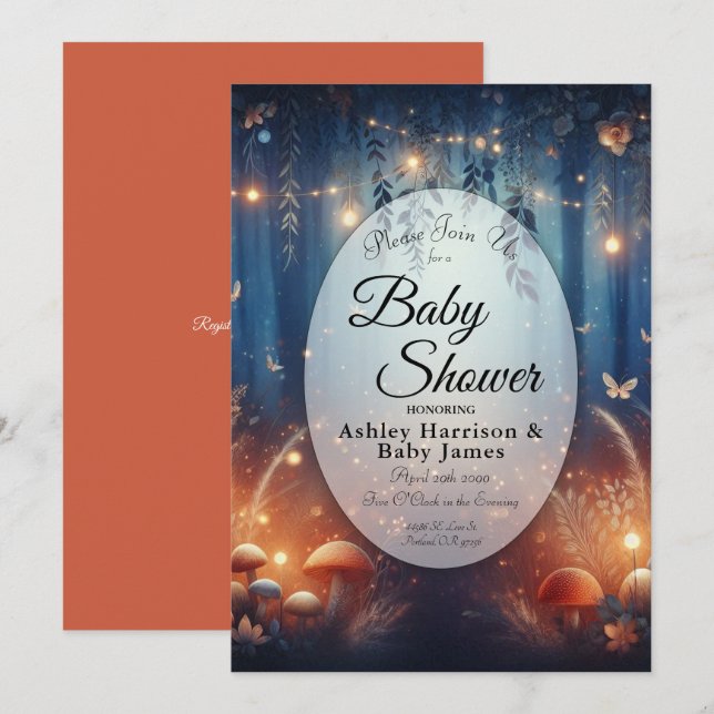 Fairy Lights in a Moonlit Forest Baby Shower Einladung (Vorne/Hinten)